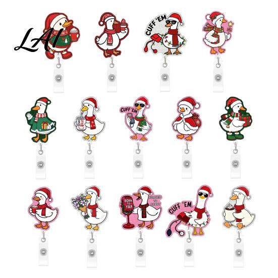 Rotating Clip Name Tag Holder Cute Goose Badge Holder Acrylic Retractable Reel with Glitter Keychain for Scrubs Christmas Theme 360 Degree