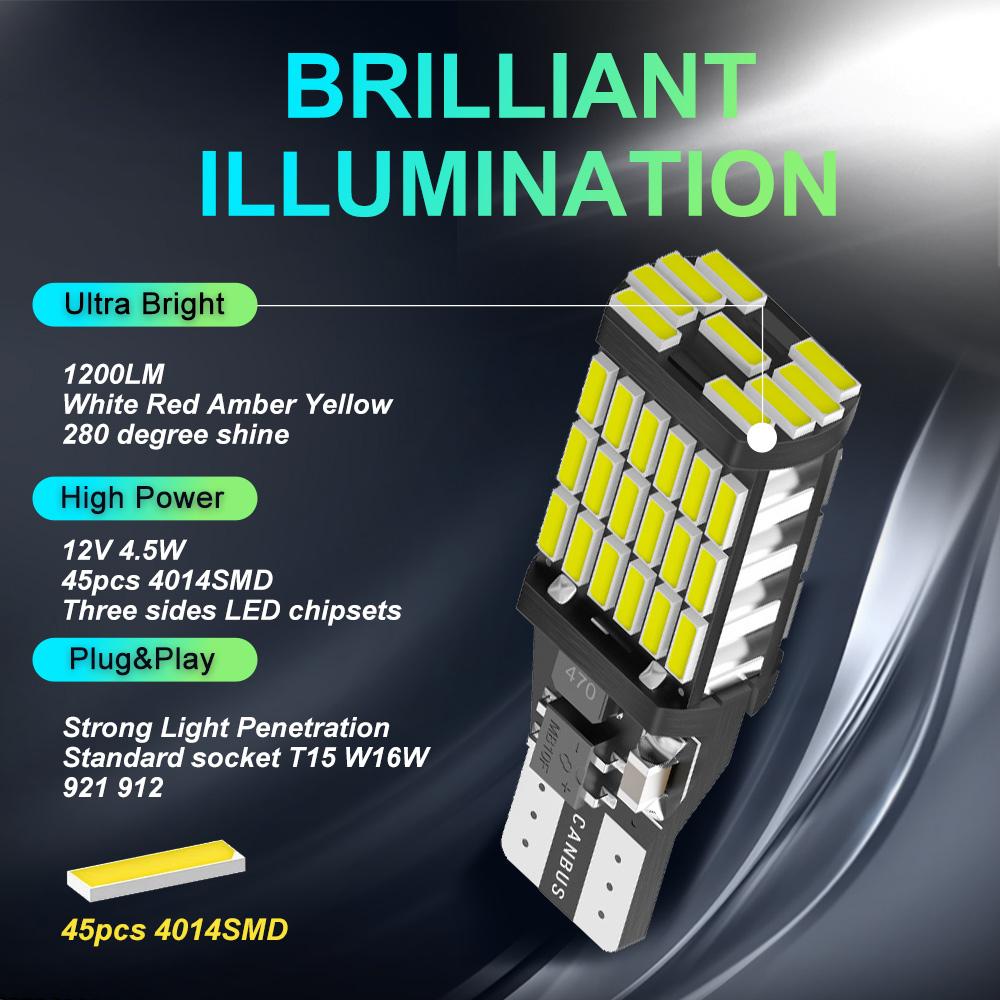 High-Power T15 W16W 921 LED Bulbs - 6PCS 45SMD 4014 1200LM White Reverse Lights for Cars & Motorcycles
