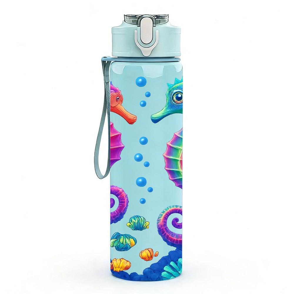 1PC Colorful Seahorse Ocean Pattern Print 750ml Color Plastic Sports Water Bottle Leakproof Flip Straw Lid Suitable for Sports Office Home Use