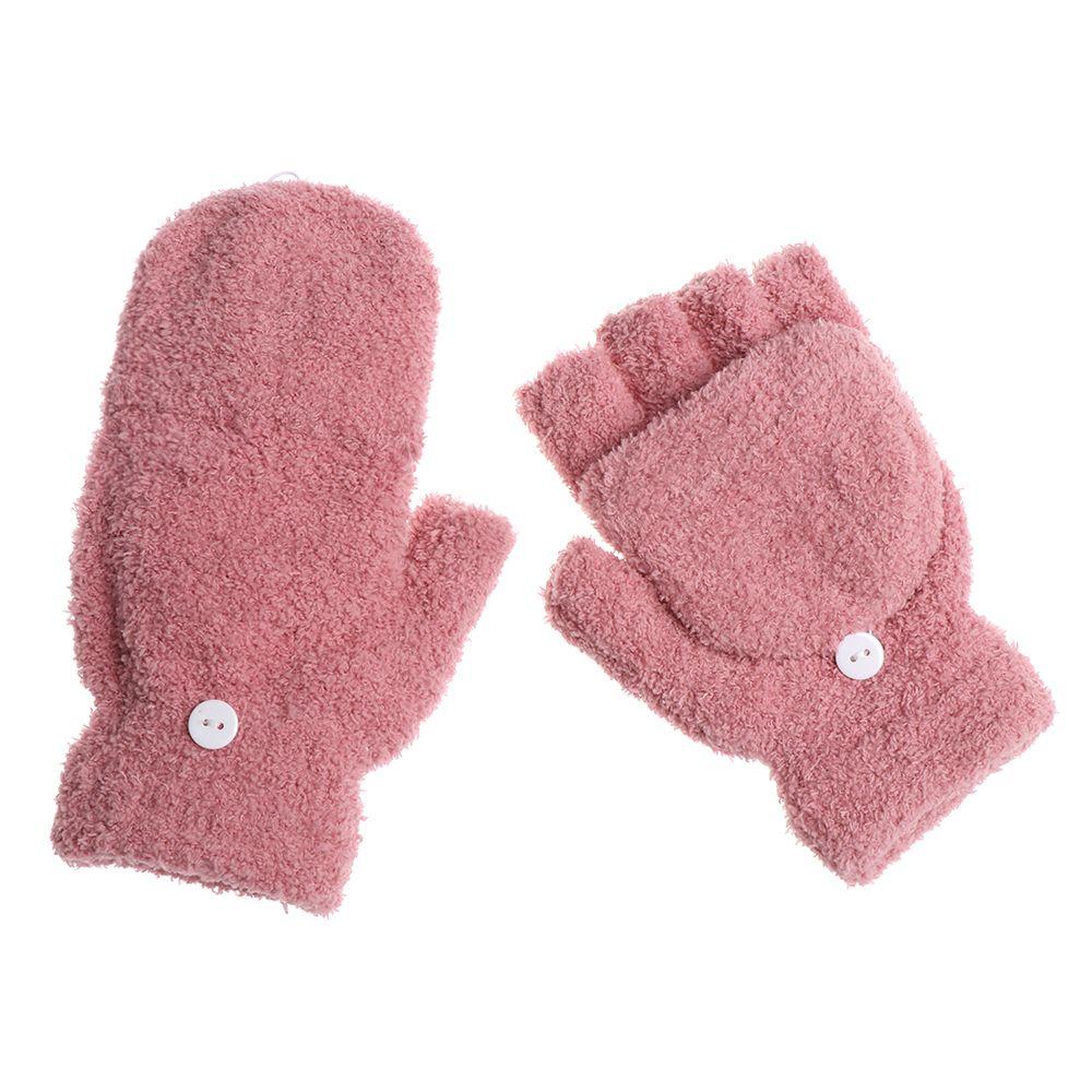 Girls Dual-use Thick Knitting Mittens Convertible Flip Top Half Finger Gloves Coral Velvet Gloves