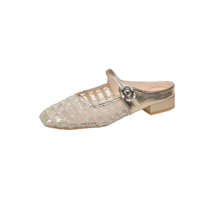 Fashion Baotou Semi-drag Autumn New Square-toe Shallow-mouth Mesh Breathable One-band Non-slip Wear-resistant Block Heel Slippers