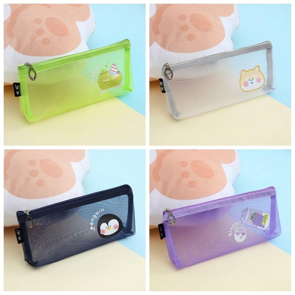Cute Net Pen Bag Cartoon Stationery Storage Bag Pen Pencil Pouch Mesh Pencil Case Student