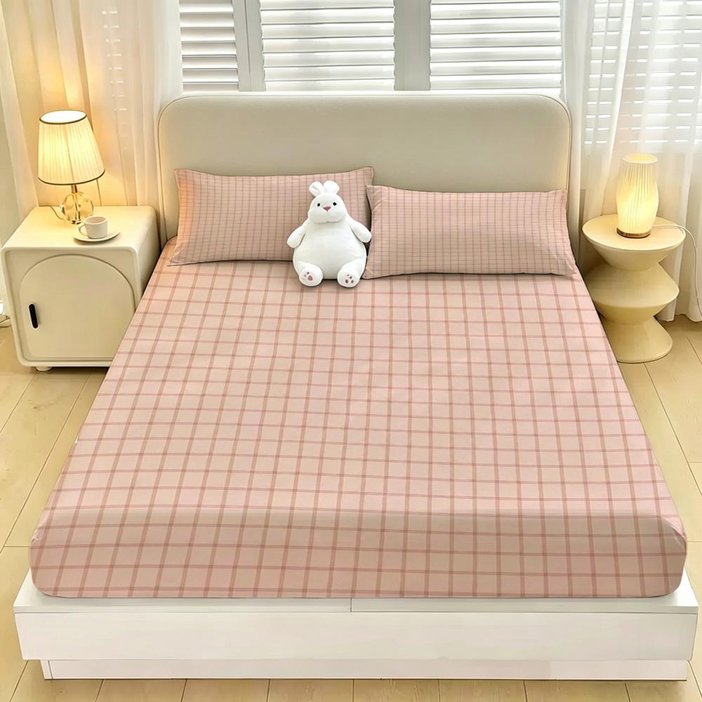 3PCS Light Pink Brown Fine Striped Bedding set fitted sheet without Core, Soft Bedding for Bedroom Decoration