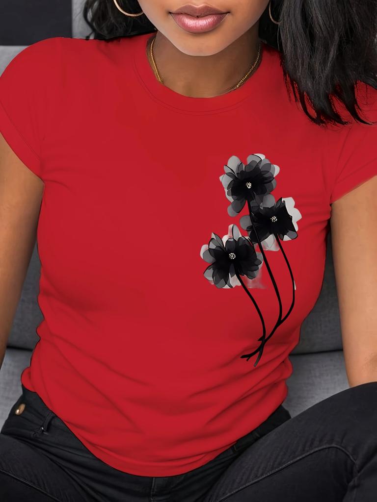 Женская повседневная футболка черного цвета с цветочным принтом, с коротким рукавом и круглым вырезом, топ из легкой дышащей ткани, женские футболки, одежда