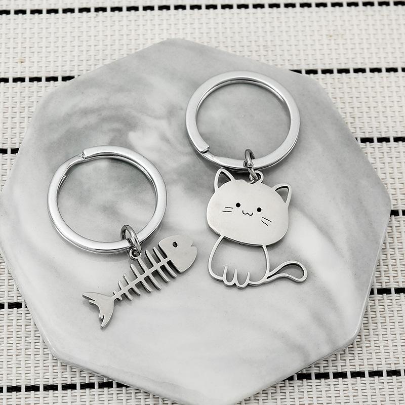 Кошачья Косточка Кошка Нержавеющая Сталь Брелок Милый Мультяшный Согласованный Стиль Модный Пара Друг Подвеска Практичное Украшение для Сумки