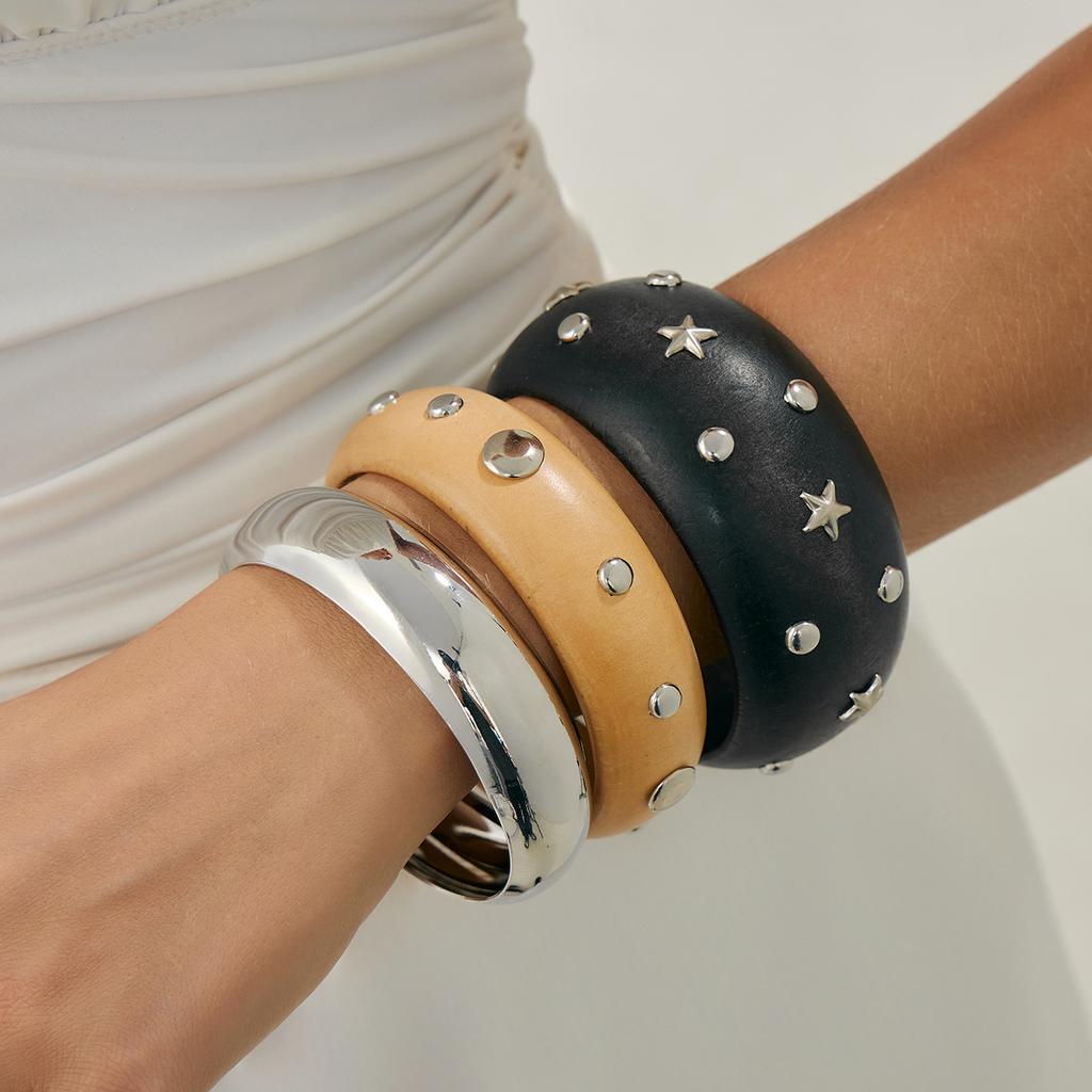 Ретро Мода Пятиконечная Звезда Клепка Деревянный Браслет Манжеты Y2k Панк Стиль Геометрический Винтажный Браслет Ювелирные Изделия Мода Хип-хоп Гранж Pulseras Mujer