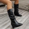 Popular Comemore Black Wedges Women's Boots 2024 Autumn New Large Size Wrinkled Mid-calf Boots Round Toe Ladies Shoes High Heel Botas