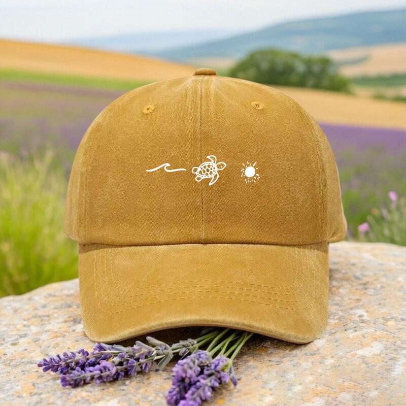Summer New Trendy Unisex Sun Hat with Wave and Sea Turtle Print Breathable Adjustable Baseball Cap for Outdoor Sports Casual