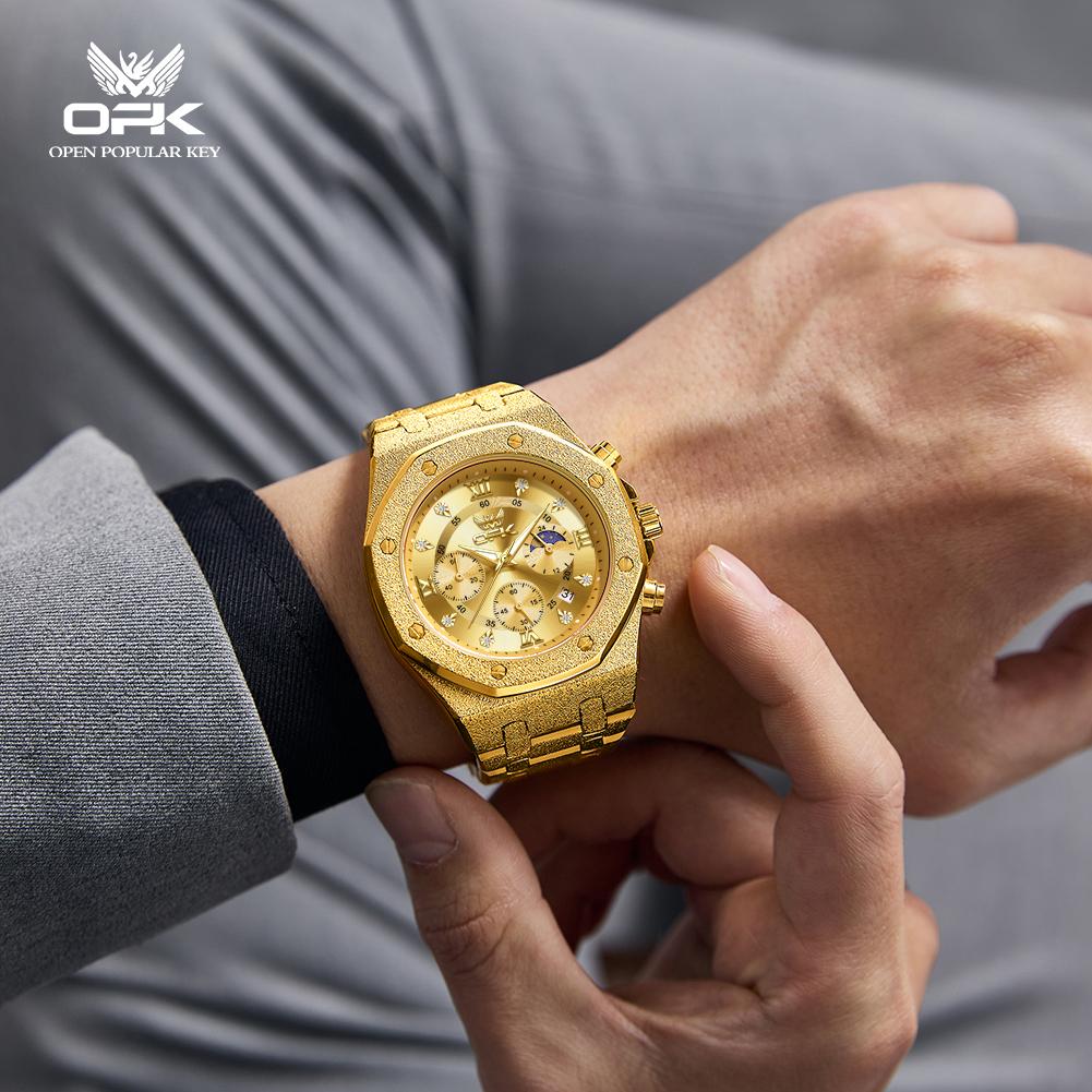 OPK 8196 Original Quartz Movement Watch 24 Hour Moon Phase Chronograph Function Dial Steel Strip HD Night Light 30M Waterproof