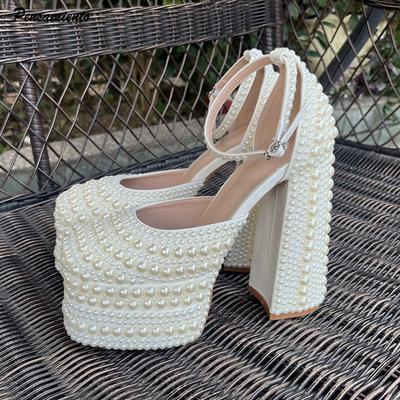 Модные Роскошные Ручной Работы Полностью Расшитые Жемчугом Платформенные Клинья Женские Туфли Модные Массивные Каблуки Ультравысокие Каблуки Банкетное Платье Свадебная Обувь