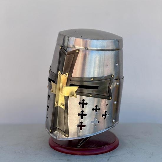 Templar Knight Helmet: Brass Cross, Medieval Replica, Cosplay Armor
