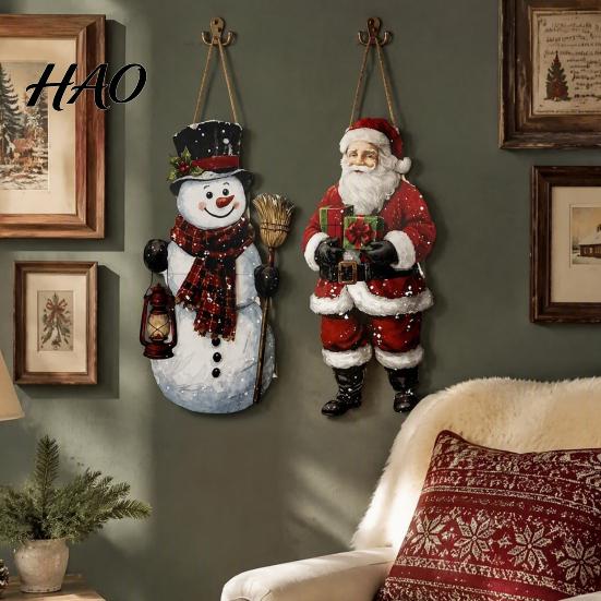 Snowman Indoor Outdoor Ornament Vintage Christmas Door Welcome Sign, Rustic Santa Claus Wooden Plaque Wreath, Farmhouse Decorative Hanger for