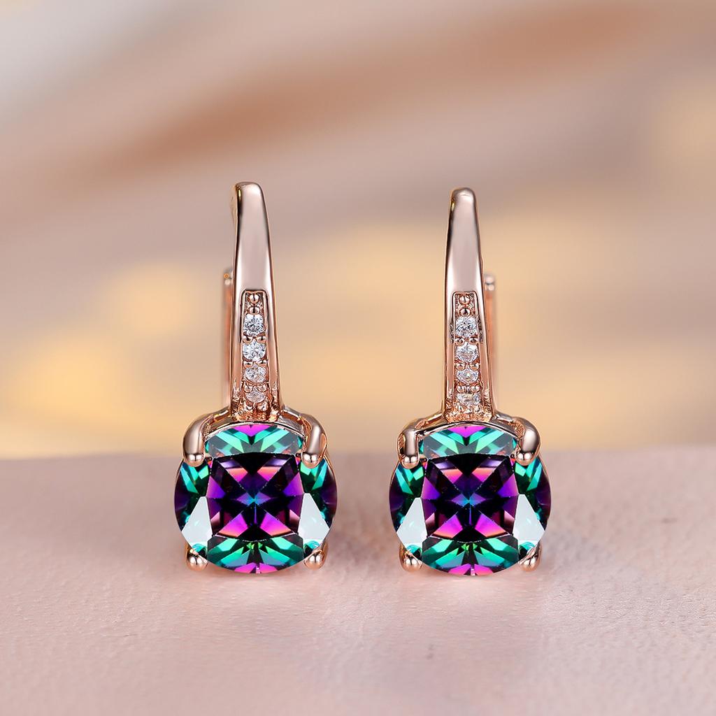 1 Pair Rose Golden Color Round Cut White Blue Red Green Stone Drop Earrings Fashion Women Wedding Jewelry Luxury Accessories