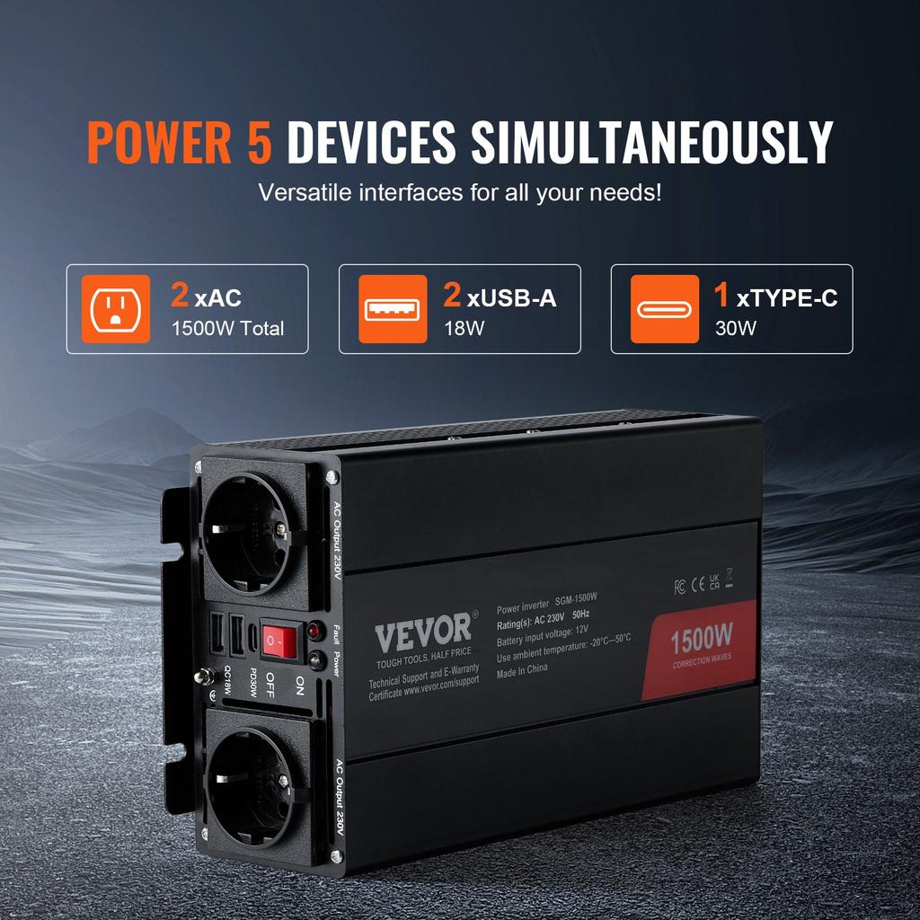 VEVOR Modified Sine Wave Inverter, 1500W, DC 12V to AC 230V Power Inverter with 2 AC Outlets 2 USB Port 1 Type-C Port 6 Spare Fuses