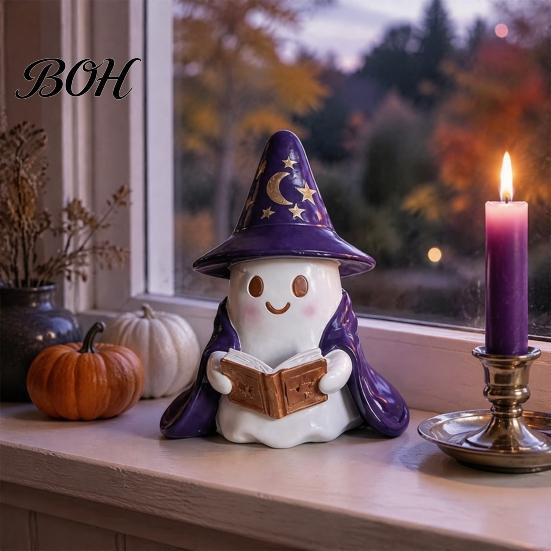 Cute Resin Ghost Statue Lighted Figurine, Wizard with LED Light, Desktop Halloween Ornament Reading Book Night Light for Home Shelf Decor Indoor