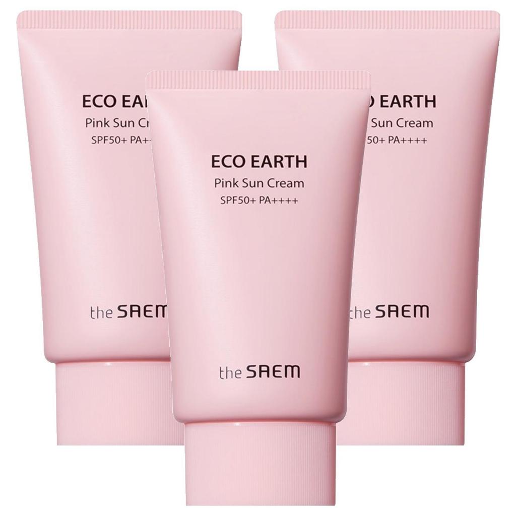 The Saem Eco Earth Розовый солнцезащитный крем (Набор из 3 шт.) - Солнцезащитный крем с каламином, SPF50+ PA++++, успокаивающий и выравнивающий тон, 50 г x 3
