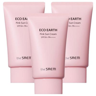 Eco Earth Розовый солнцезащитный крем (Набор из 3 шт.) - Солнцезащитный крем с каламином, SPF50+ PA++++, успокаивающий и выравнивающий тон, 50 г x 3