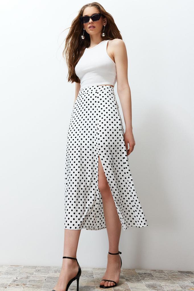 Women's Style Skirt Ecru Polka Dot Slit Detailed Viscose Midi Woven Skirt