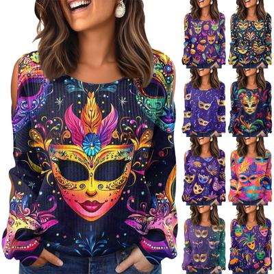 Женская зимняя футболка оверсайз Модная с открытыми плечами Круглый вырез Винтажный цветочный принт Пуловер С длинными рукавами Топ