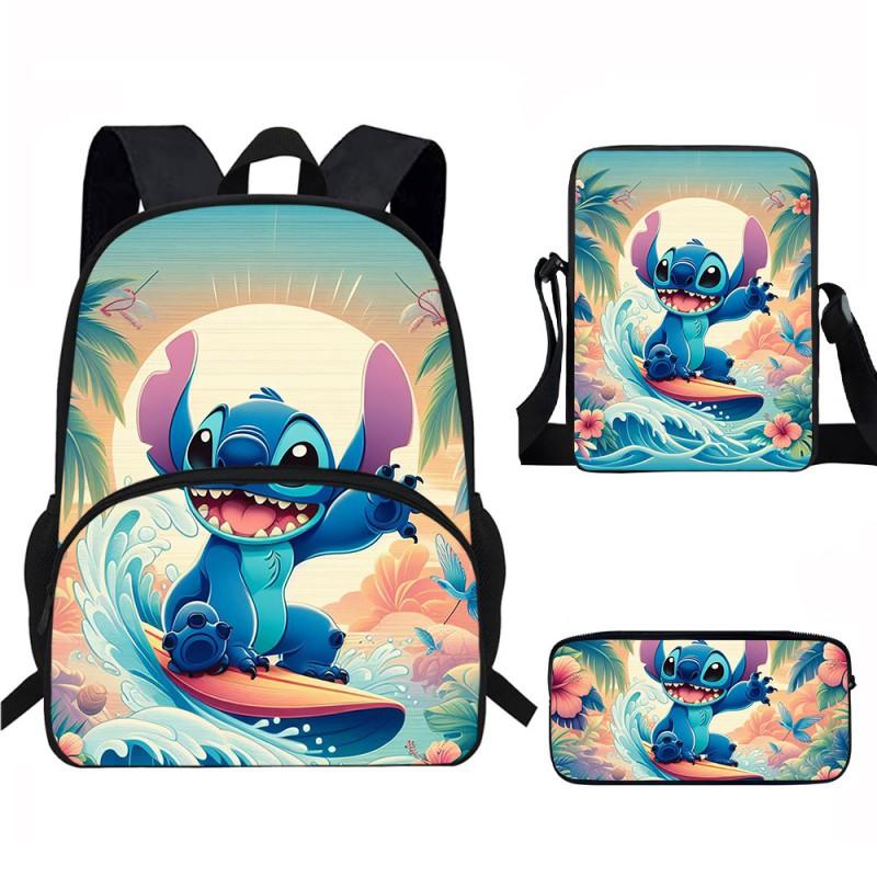 Stitch Kids School Backpack Set Elementary Students Oxford Fabric Ergonomic Design Printed Cartoon 3-Piece Bundle