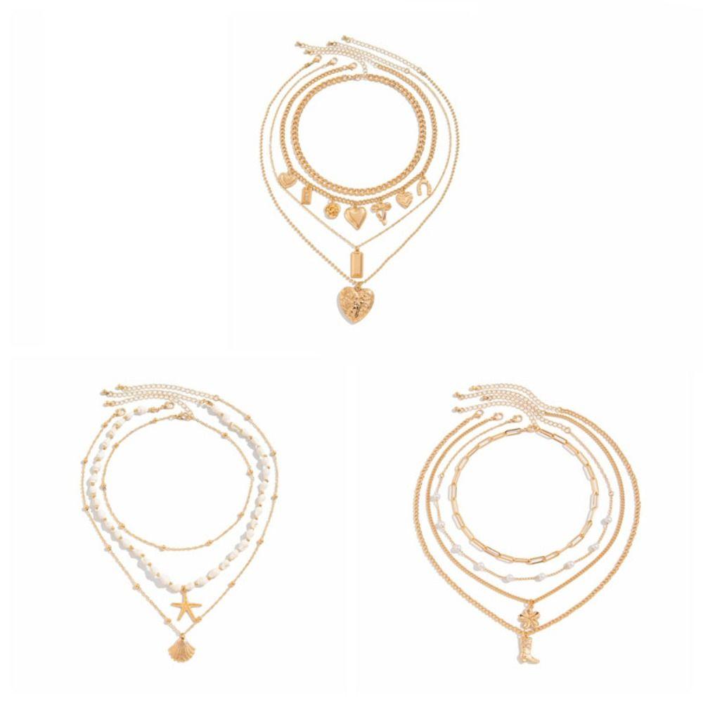 Starfish Shell Multilayer Necklace Heart Pendant Clavicle Chain Women Bohemia Style Necklace Girls