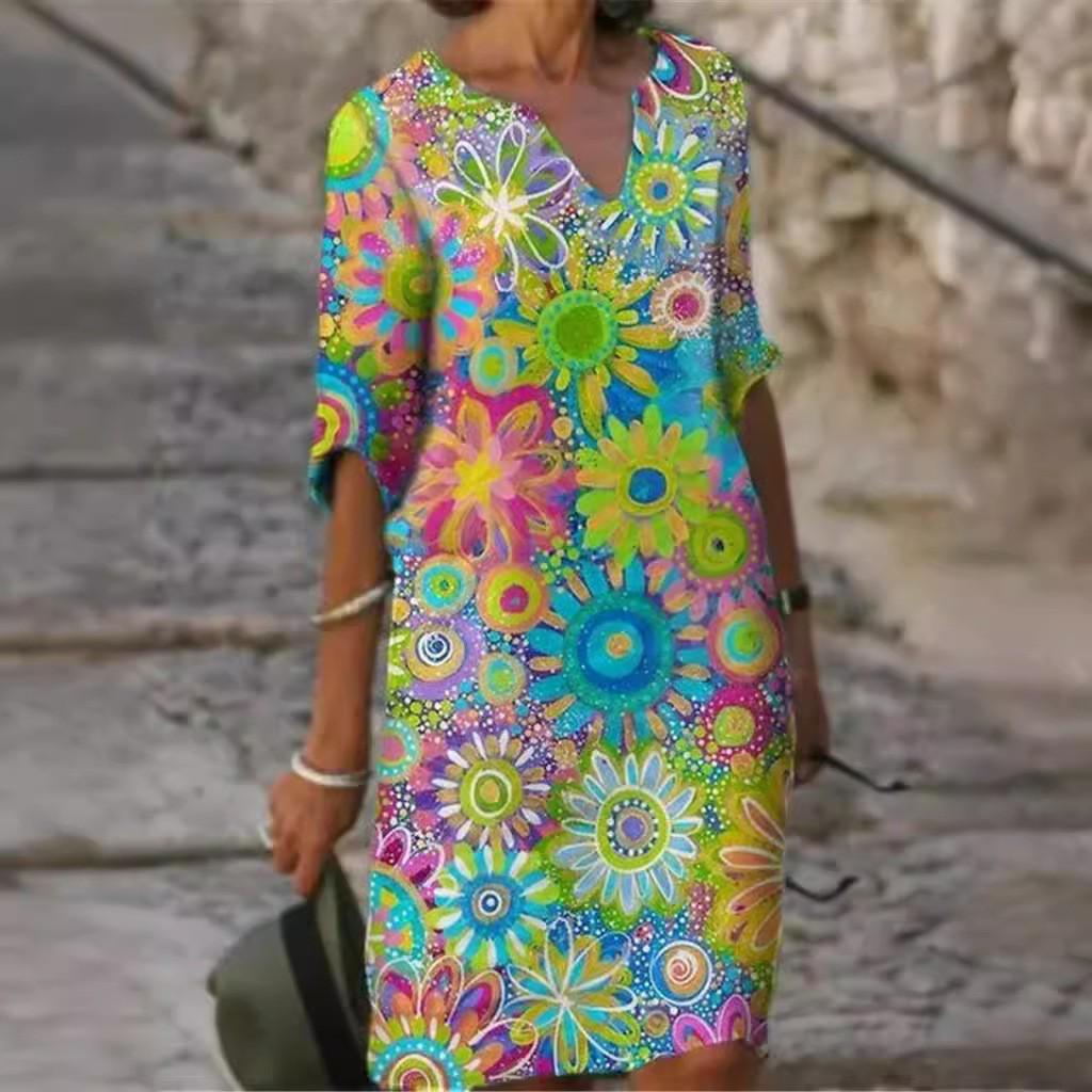 2025 Ретро Художественное Платье с V-образным вырезом, свободного кроя, с рукавами пять четвертей, большого размера