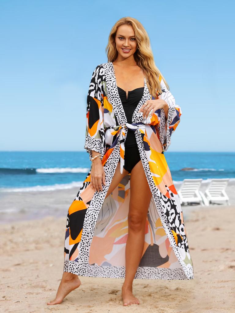 EDOLYNSA 2024 Multicolored Women Bikini Kimono Cardigans Boho Print Long Bathing Suit Cover Ups Swimwear Plus Size Loungewear with Self Belt Outfits