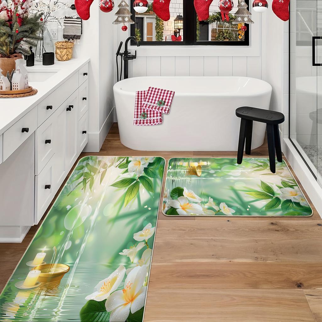 1 шт. анти-усталостные кухонные коврики, цветочный принт на берегу озера, водонепроницаемый нескользящий толстый мягкий кухонный коврик, прочный, удобный стоячий коврик для кухни