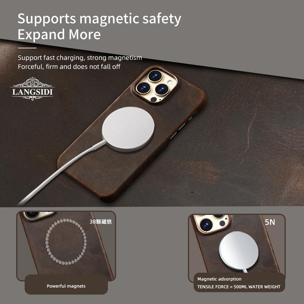 For Magsafe Case for iPhone 15 16 Pro Max Promax 16Pro 15Pro Retro Luxury Genuine PULL-UP Leather Back Cover