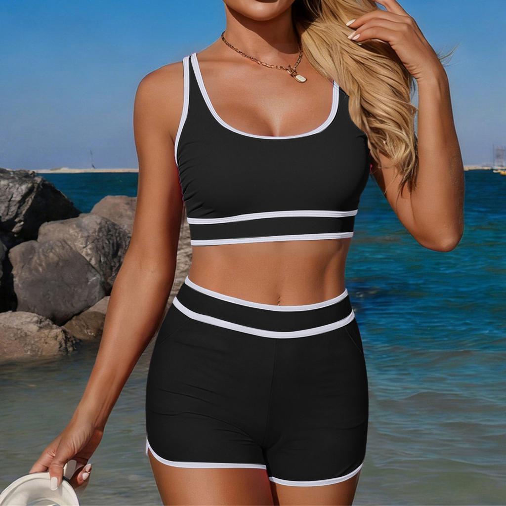 Женский спортивный двухсекционный купальник в стиле колор-блок, консервативный