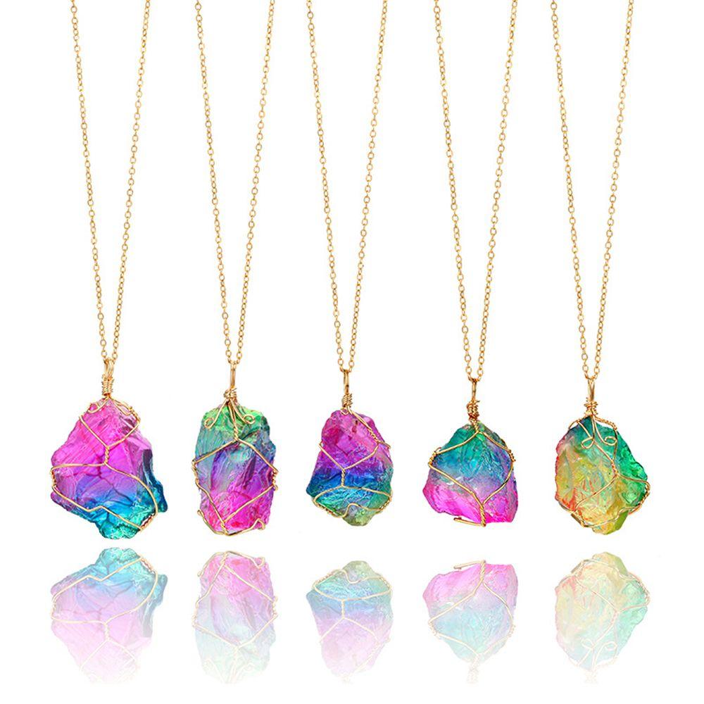 Gold Plated Chakra Quartz Jewelry Natural Crystal Pendant Necklace Irregular Rainbow Stone