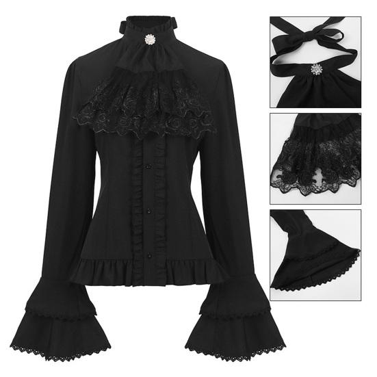 Женский ретро-топ в стиле стимпанк с высоким воротом, декорированным бантом, кружевом, однотонным длинными рукавами-колокольчиками, однобортным, с присборкой