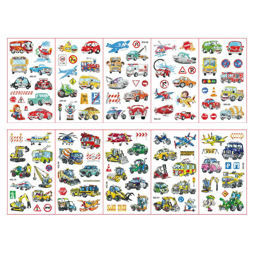 10 листов/набор красочные тату-наклейки с блестящей пудрой, мультяшные животные, единорог, принцесса, транспорт, временные поддельные татуировки для детей