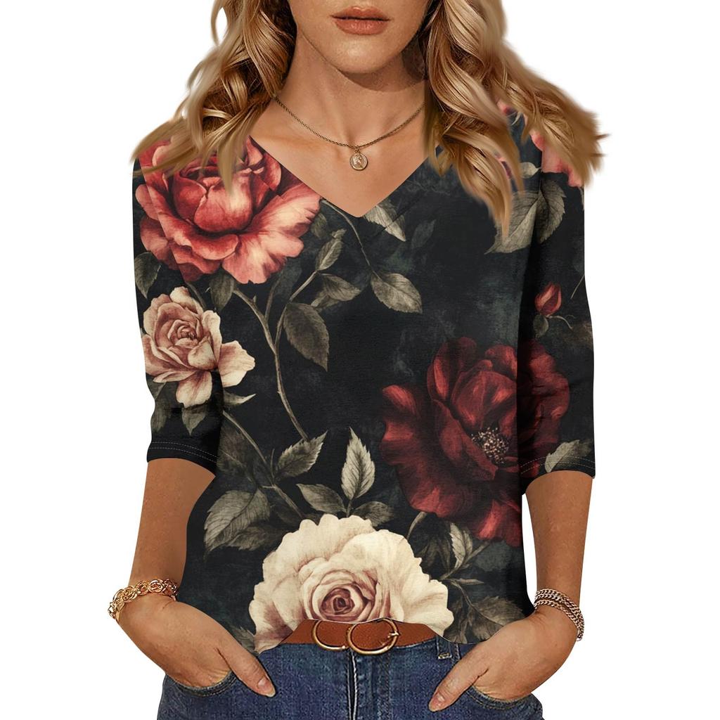 Women's Tops Three-quarter Sleeve Shirt V-neck Loose Casual Shirt Floral Print T-shirt