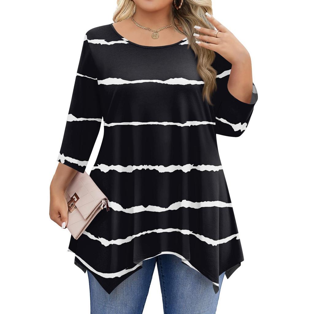 Womens Plus Size 3/4 Sleeve Shirts Round Neck Tunic Tops Basic Loose Fit Tee Tops L-5XL