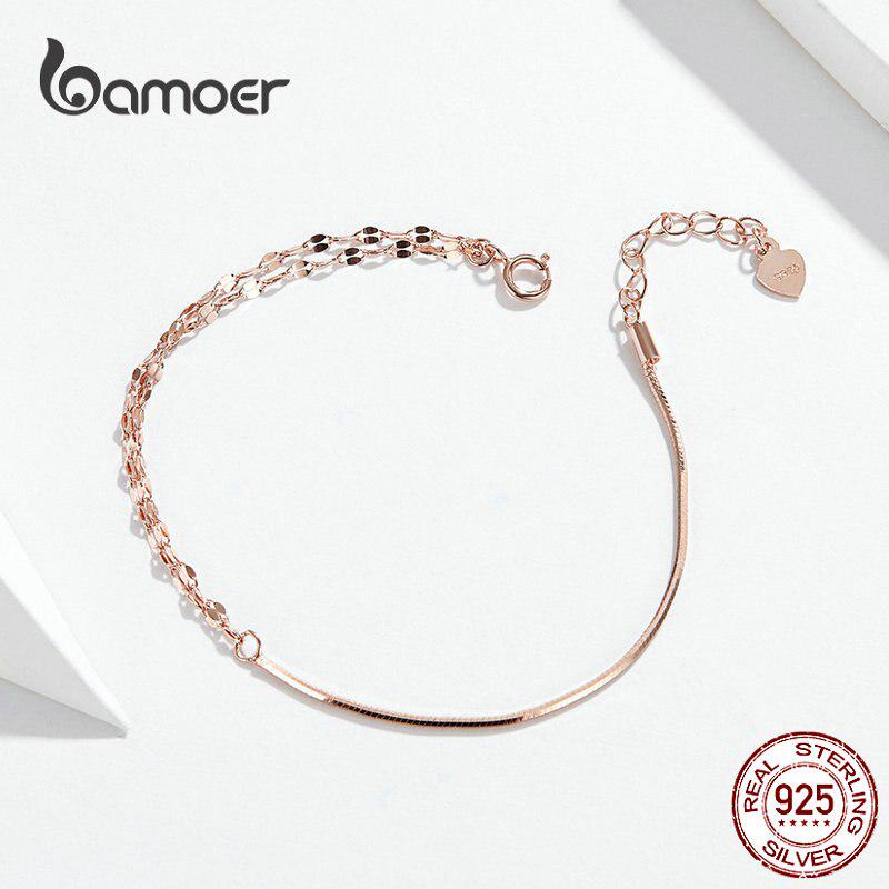 BAMOER Basic Rose Gold Color Silver Bracelet Cable Box Chain Lobster Lock Bracelets Sterling Silver