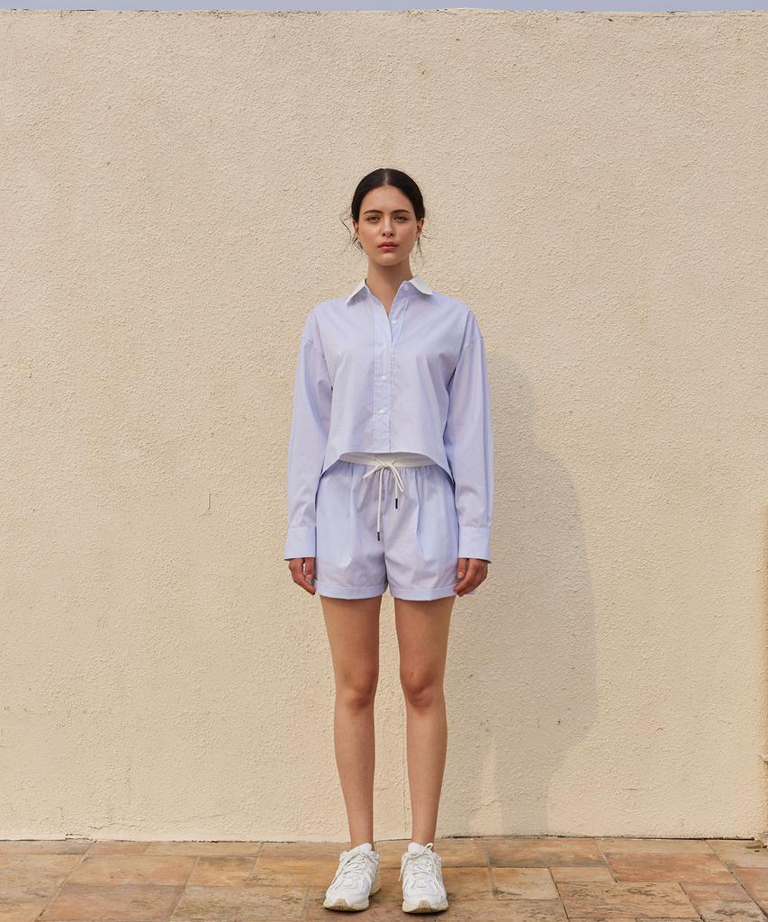 PADO SEOUL Women'S Elastic Waist Shorts Blue Stripe