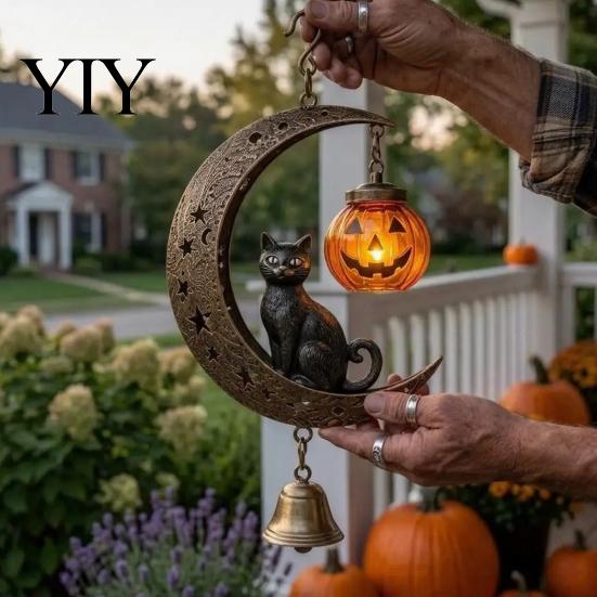Halloween Wind Chime Black Cat Moon Chime, Gothic on Crescent Bell Glowing Pumpkin Lantern with Lantern, Hanging Ornament for Porch Door Yard