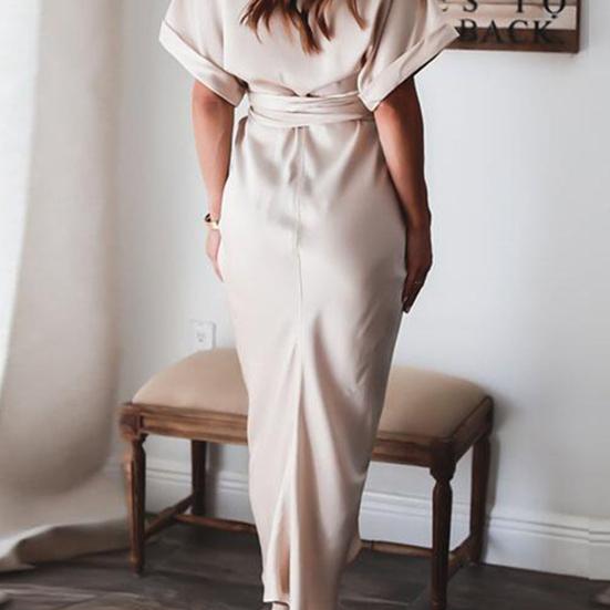 Платье макси с коротким рукавом, женское платье-туника с высокой талией и пуговицами, однотонное драпированное платье-туника, сарафан