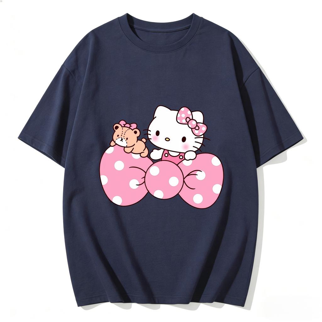2026 New Arrival Kawaii Hello Kitty Pink Big Bow Bear Print Couple T Shirts Casual Family Matching Outfits Parentchild Tees Y2k