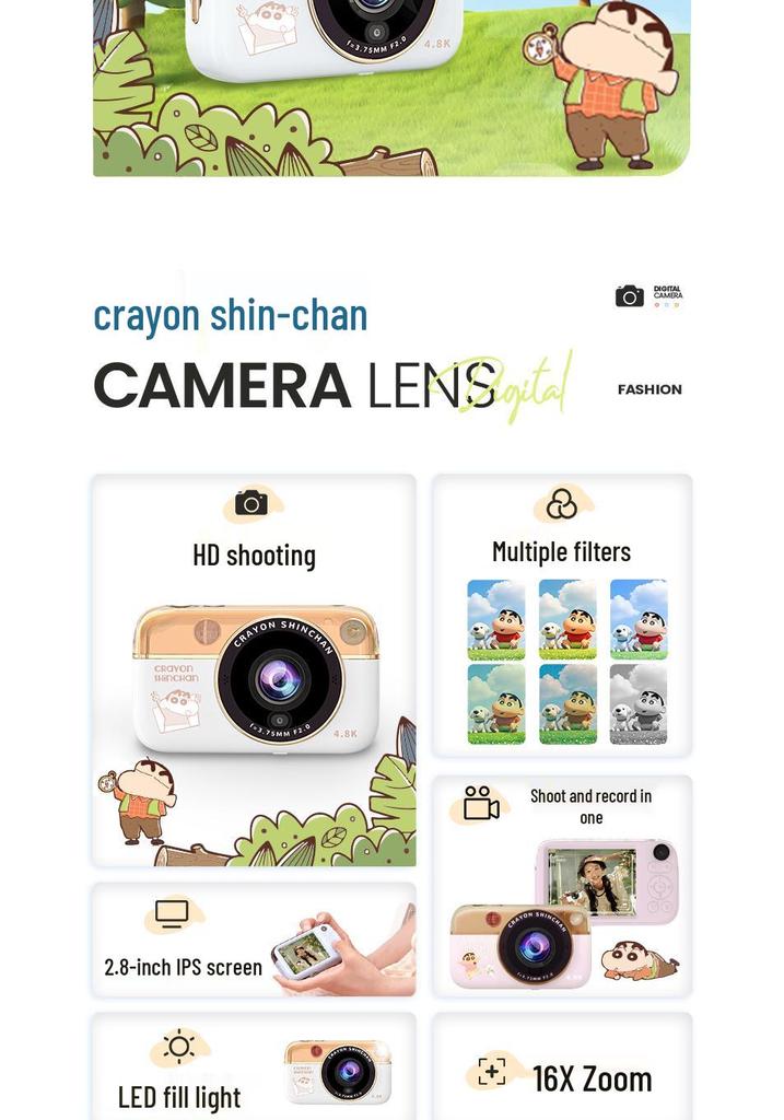 Crayon Shin-chan Dual-Camera Mirrorless Camera with Front & Rear Lenses for Selfies & Campus Photography