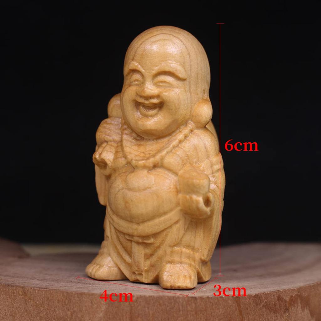 Hotei Buddha Wood Seven Lucky Hotei Maitreya Improves Good Feng Shui Interior Gift Statue, Carving, Gods, Ornament, Wooden, Mini, Bodhisattva, Object,