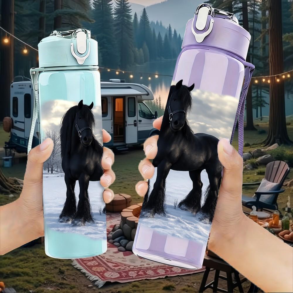 1PC Black Horse Snow Winter Scene Print 750ml Color Plastic Sports Water Bottle Leakproof Flip Straw Lid Suitable for Sports Office Home Use