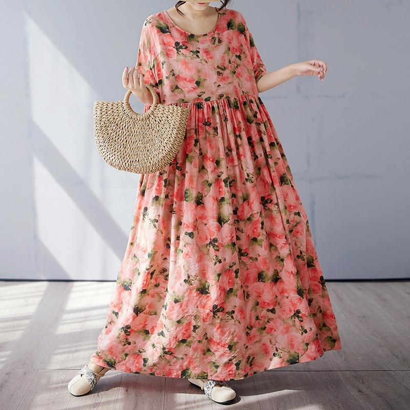 Простое богемное длинное платье лето новое полнящее плюс короткий рукав круглый вырез платье с принтом женская одежда