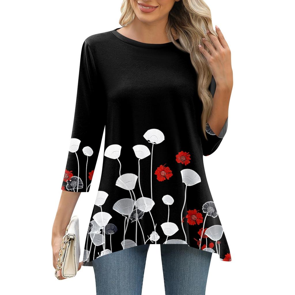 3/4 рукав туника топы для женщин принтованный повседневный выходной свободный крой модная базовая футболка с круглым вырезом