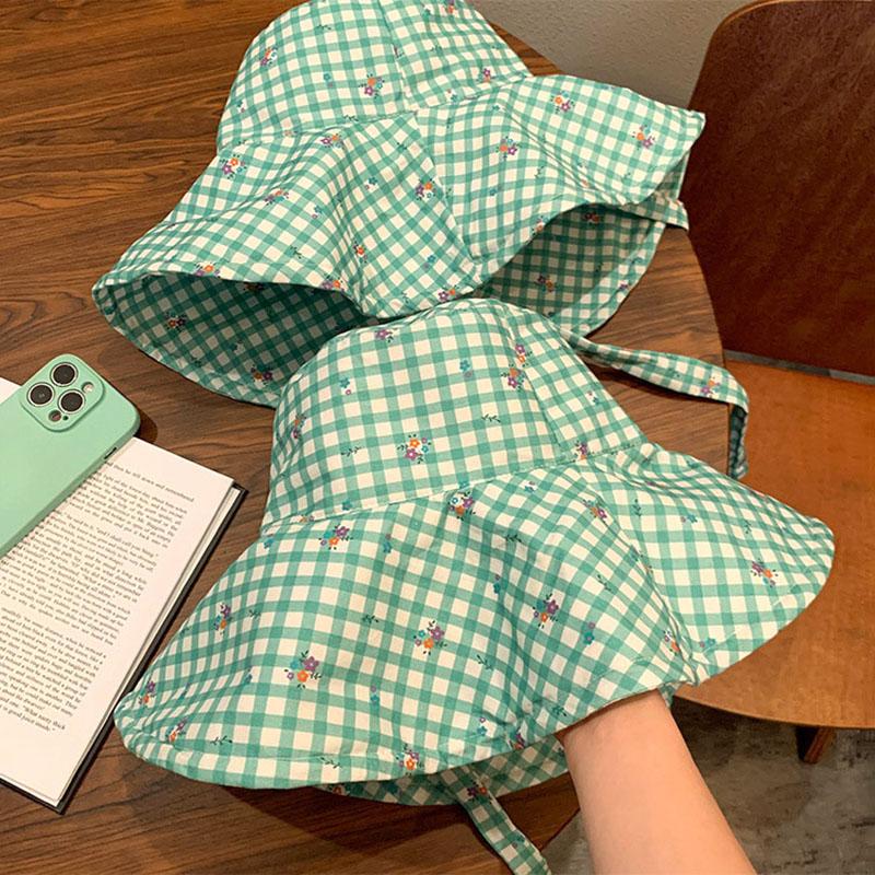 Sweet Korean Plaid Bucket Hat for Women Summer Wide Brim Sunscreen Floral Lace-Up Fisherman Cap Girls Travel Outdoor Hat