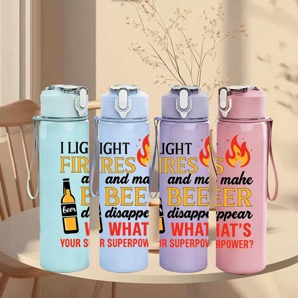 1PC Light Fires Beer Bottle Text 750ml Color Plastic Sports Water Bottle Leakproof Flip Straw Lid Suitable for Sports Office Home Use