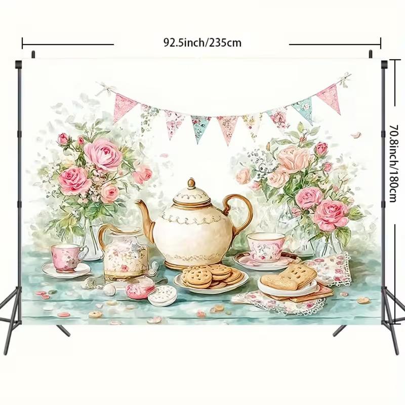 2D Vintage Teapot & Cookies Backdrop, Garden Party & Afternoon Tea Decoration
