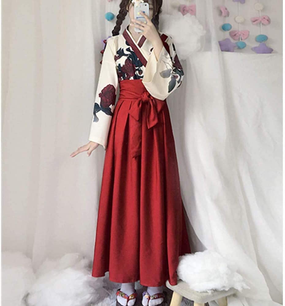 Taisho Roman Hakama Японская одежда Кимоно Косплей Костюм Длинный Маскировка Юката Роза Узор Розы [Lady Lazy] Женщины Женщины (Красный, С)