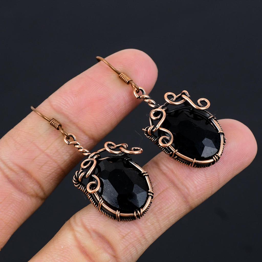 Black Onyx 999 Copper Wire Wrapped Earrings, Handmade Gemstone Jewelry Earrings For Memorial Day